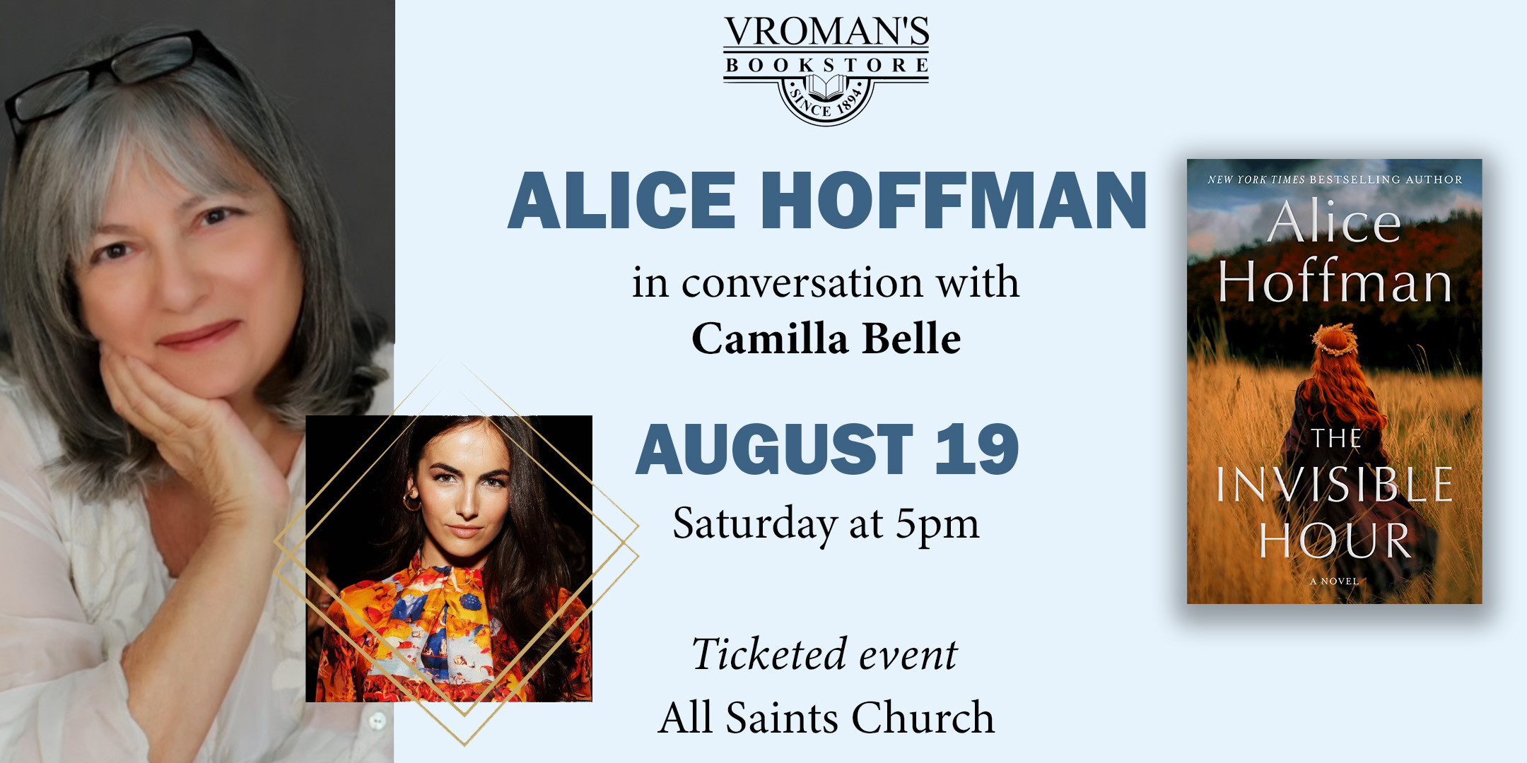 Author Alice Hoffman ticketed event details for August 19th at 5pm