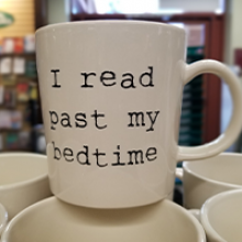 I Read Past My Bedtime Mug (white ceramic with black typewriter font)